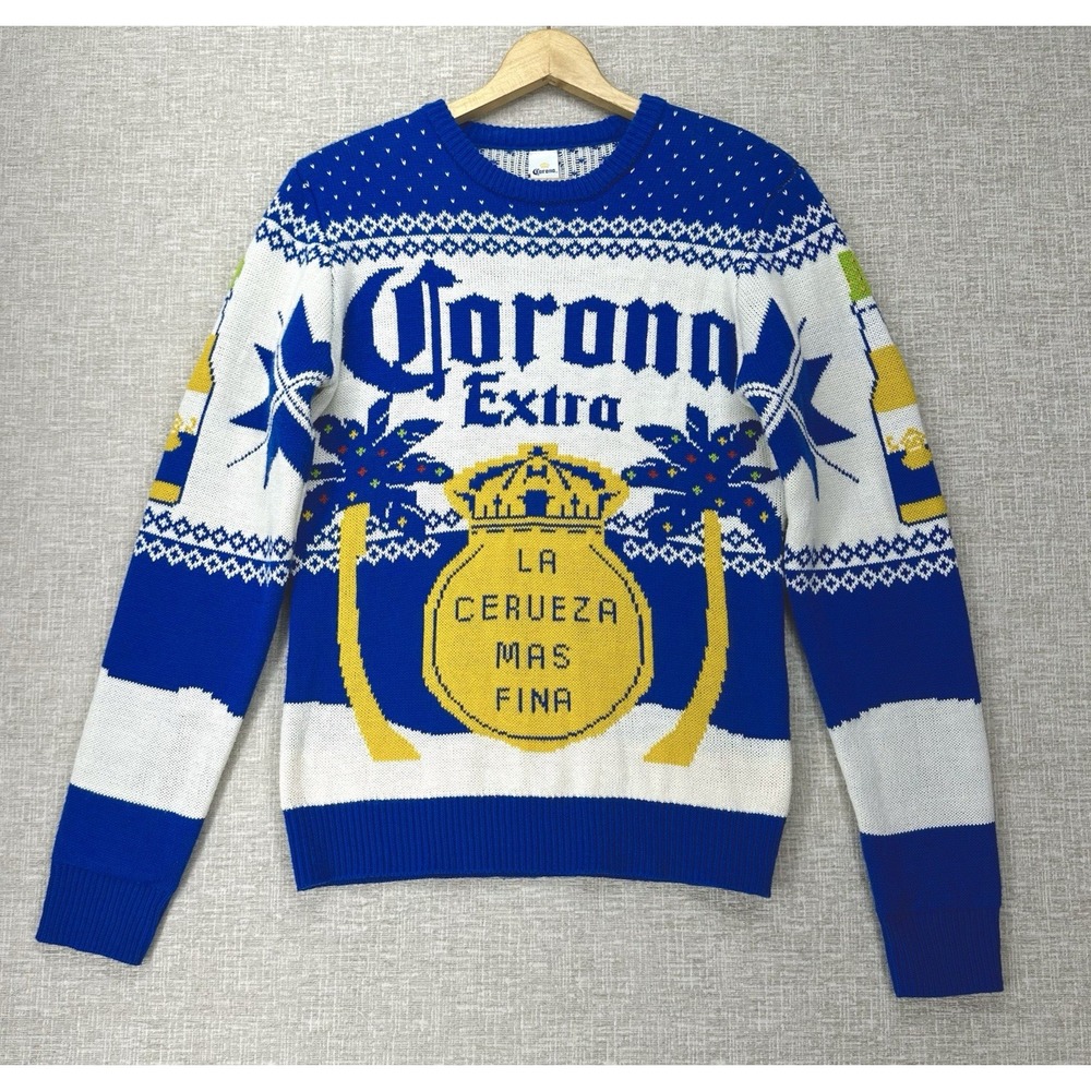 Corona Extra Sweater Mens Size S Blue‎ White Knit Acrylic Beer Ugly Sweater